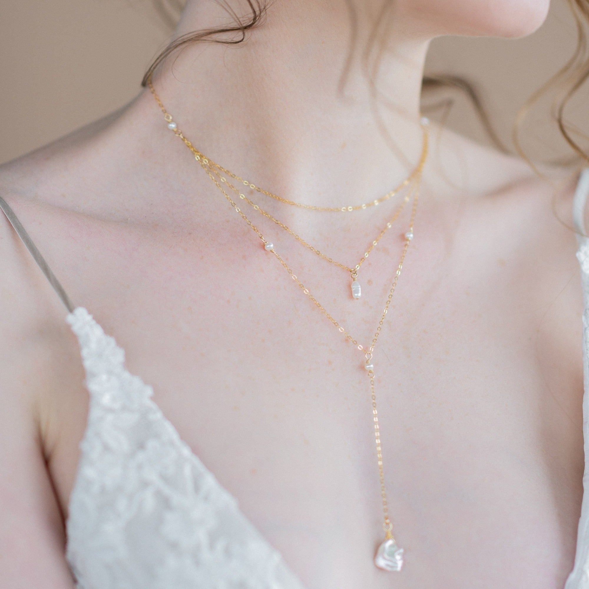 Gold keshi baroque style pearl drop necklace handmade in toronto canada by blair nadeau bridal